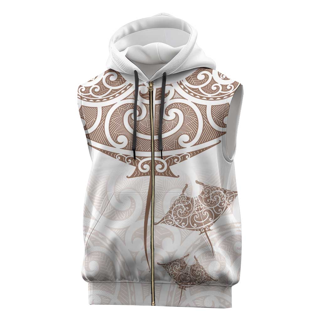 New Zealand Manta Ray Tattoo Sleeveless Zip Hoodie Aotearoa Maori Haehae Beige - Vibe Hoodie