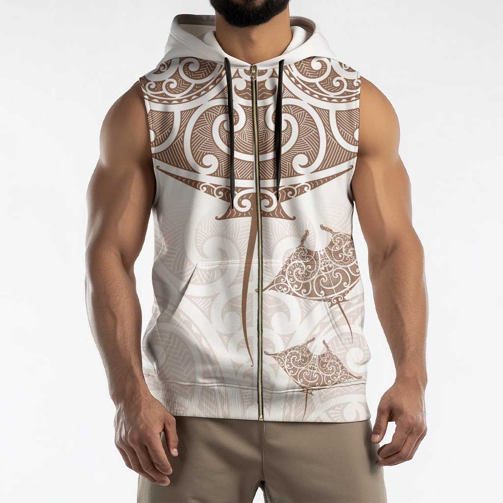 New Zealand Manta Ray Tattoo Sleeveless Zip Hoodie Aotearoa Maori Haehae Beige - Vibe Hoodie
