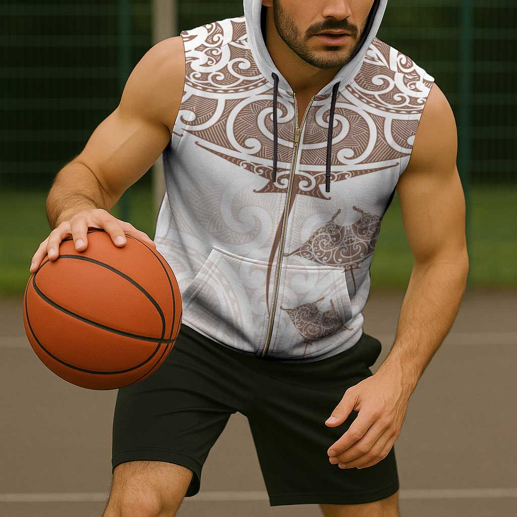 New Zealand Manta Ray Tattoo Sleeveless Zip Hoodie Aotearoa Maori Haehae Beige - Vibe Hoodie