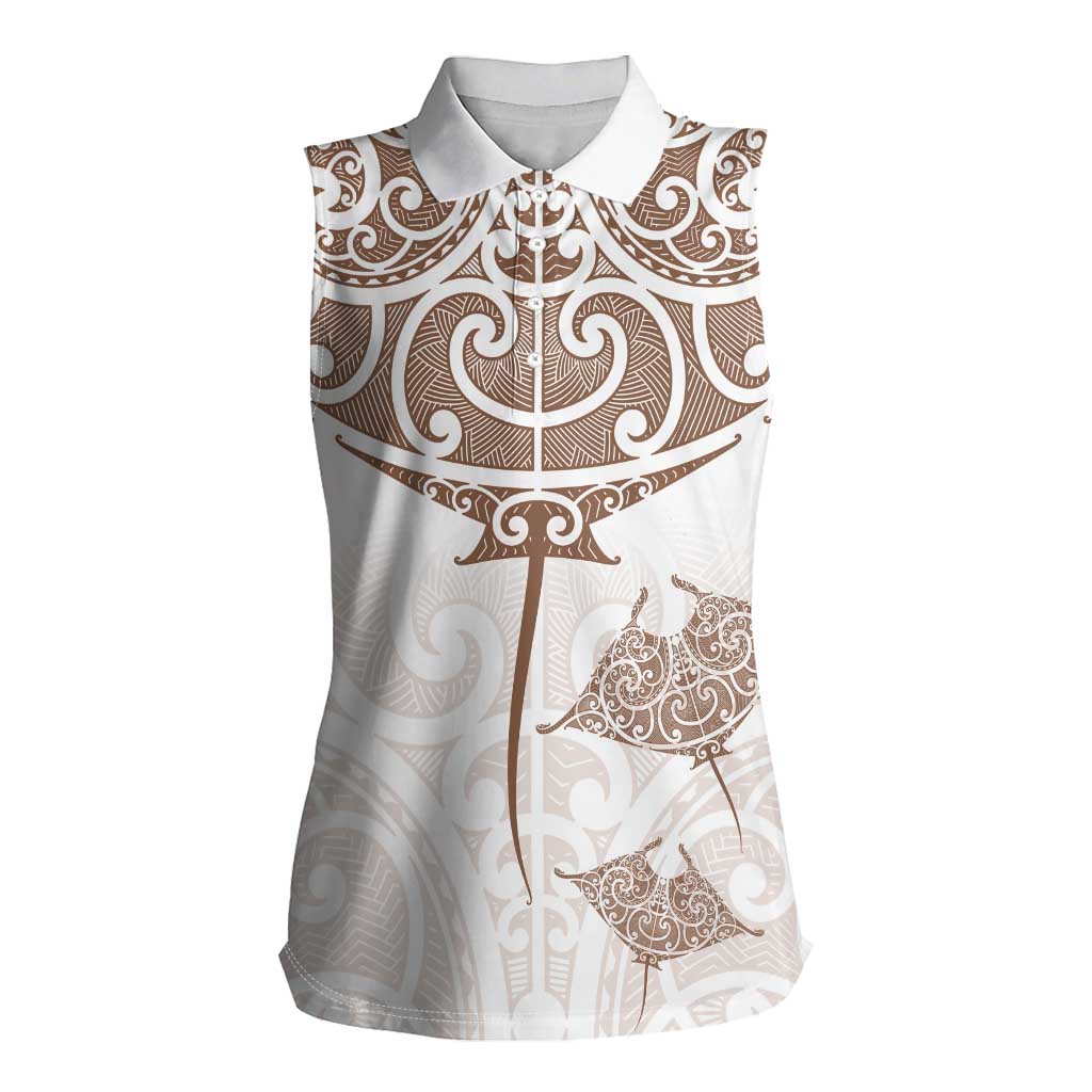 New Zealand Manta Ray Tattoo Women Sleeveless Polo Shirt Aotearoa Maori Haehae Beige - Vibe Hoodie