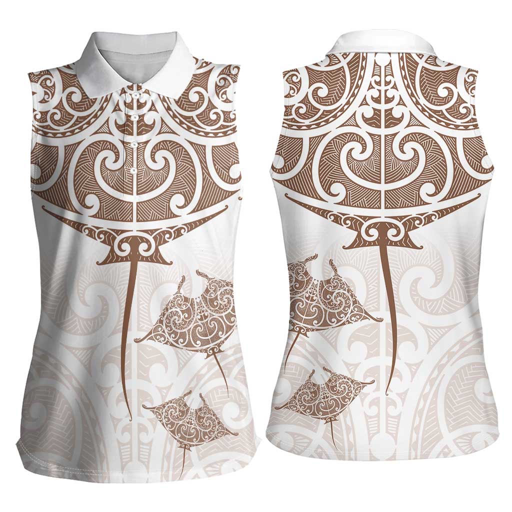 New Zealand Manta Ray Tattoo Women Sleeveless Polo Shirt Aotearoa Maori Haehae Beige - Vibe Hoodie