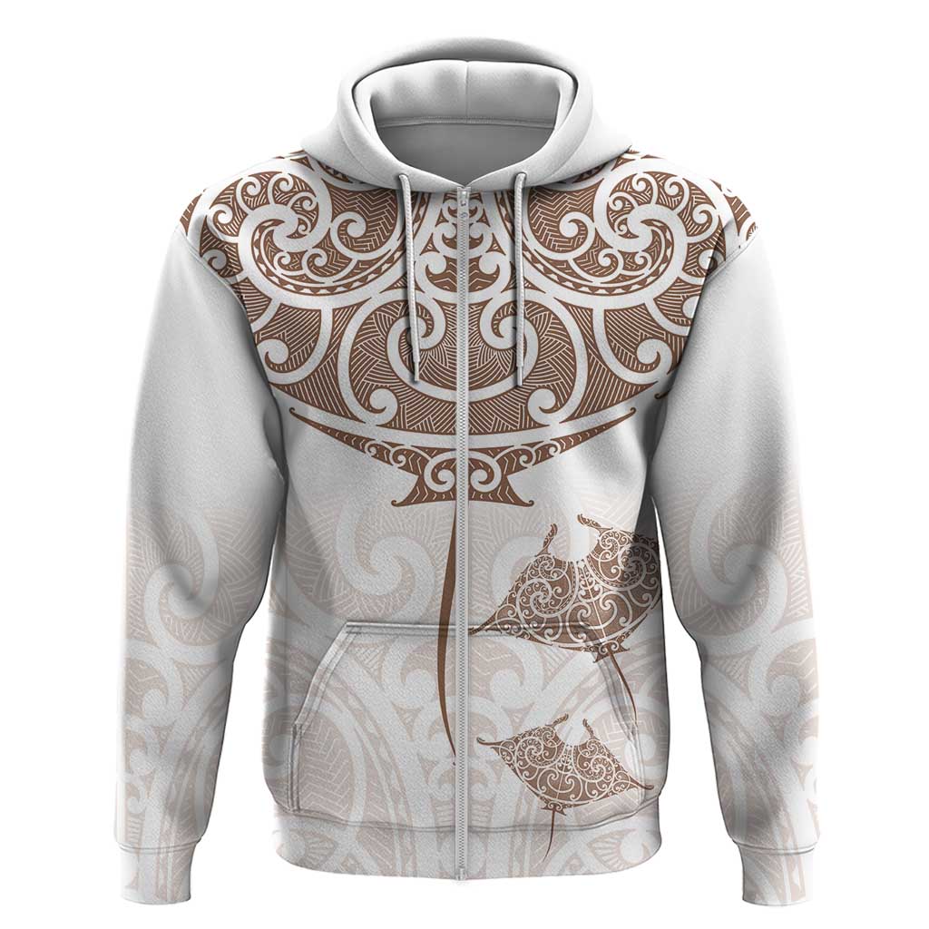 New Zealand Manta Ray Tattoo Zip Hoodie Aotearoa Maori Haehae Beige - Vibe Hoodie