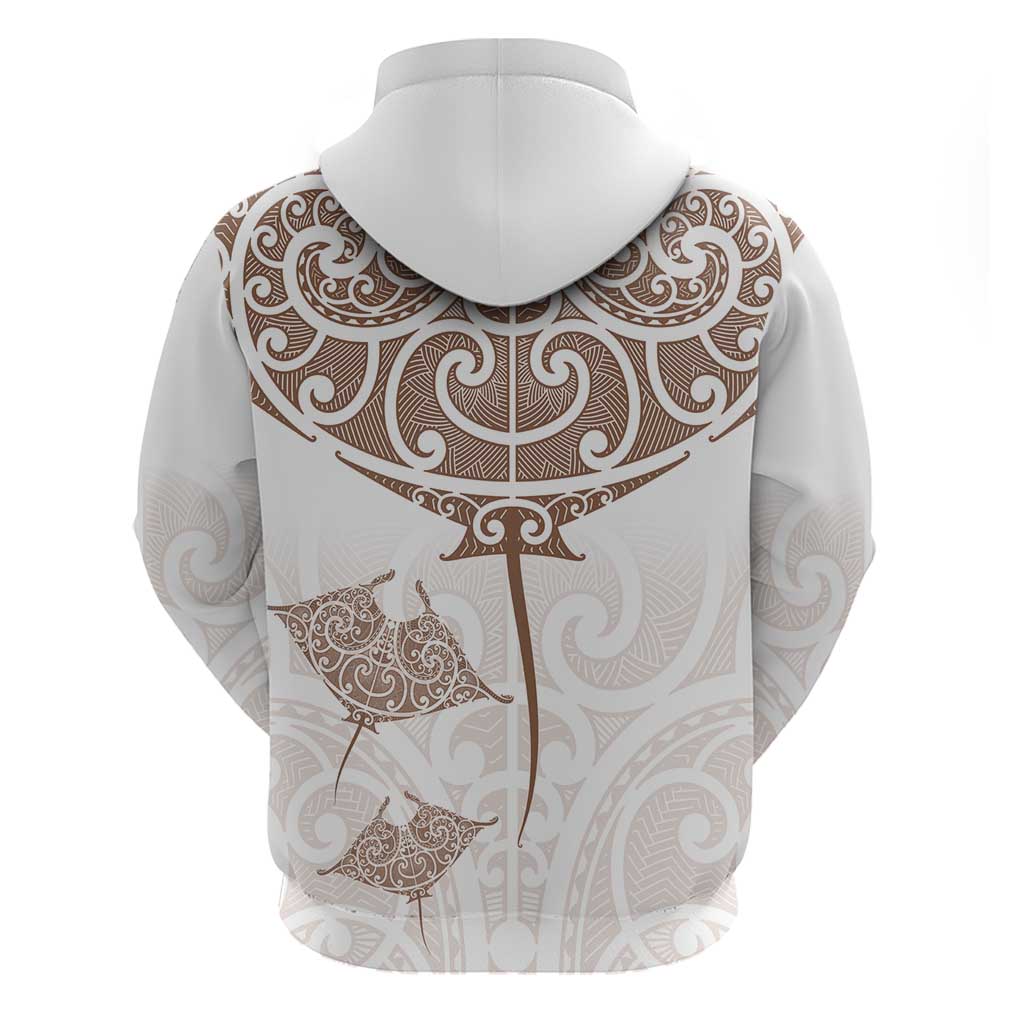 New Zealand Manta Ray Tattoo Zip Hoodie Aotearoa Maori Haehae Beige - Vibe Hoodie