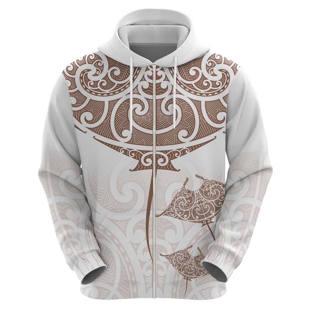 New Zealand Manta Ray Tattoo Zip Hoodie Aotearoa Maori Haehae Beige - Vibe Hoodie