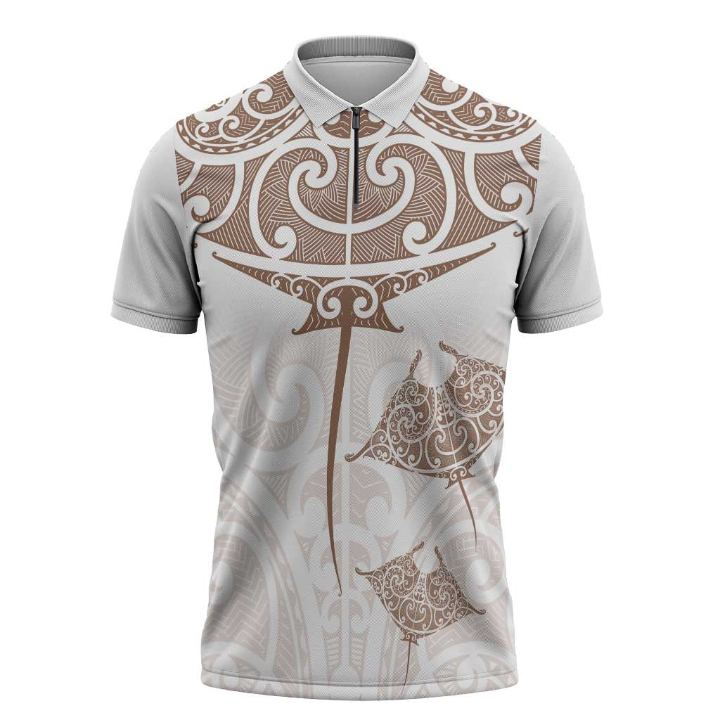 New Zealand Manta Ray Tattoo Zipper Polo Shirt Aotearoa Maori Haehae Beige - Vibe Hoodie