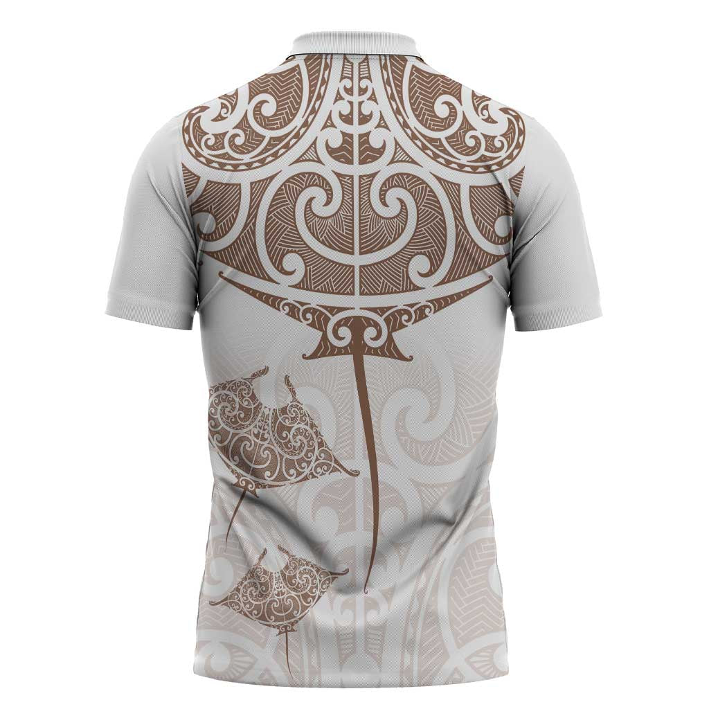 New Zealand Manta Ray Tattoo Zipper Polo Shirt Aotearoa Maori Haehae Beige - Vibe Hoodie