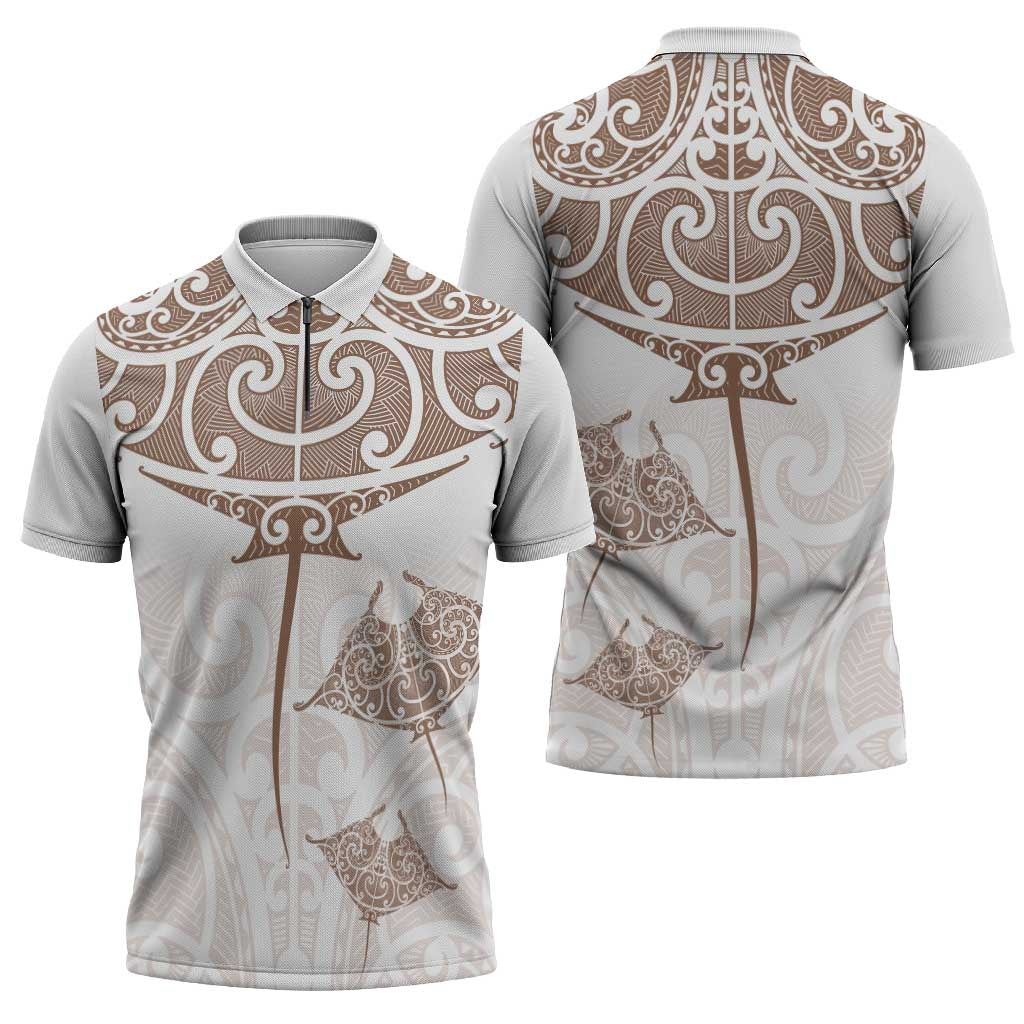 New Zealand Manta Ray Tattoo Zipper Polo Shirt Aotearoa Maori Haehae Beige - Vibe Hoodie