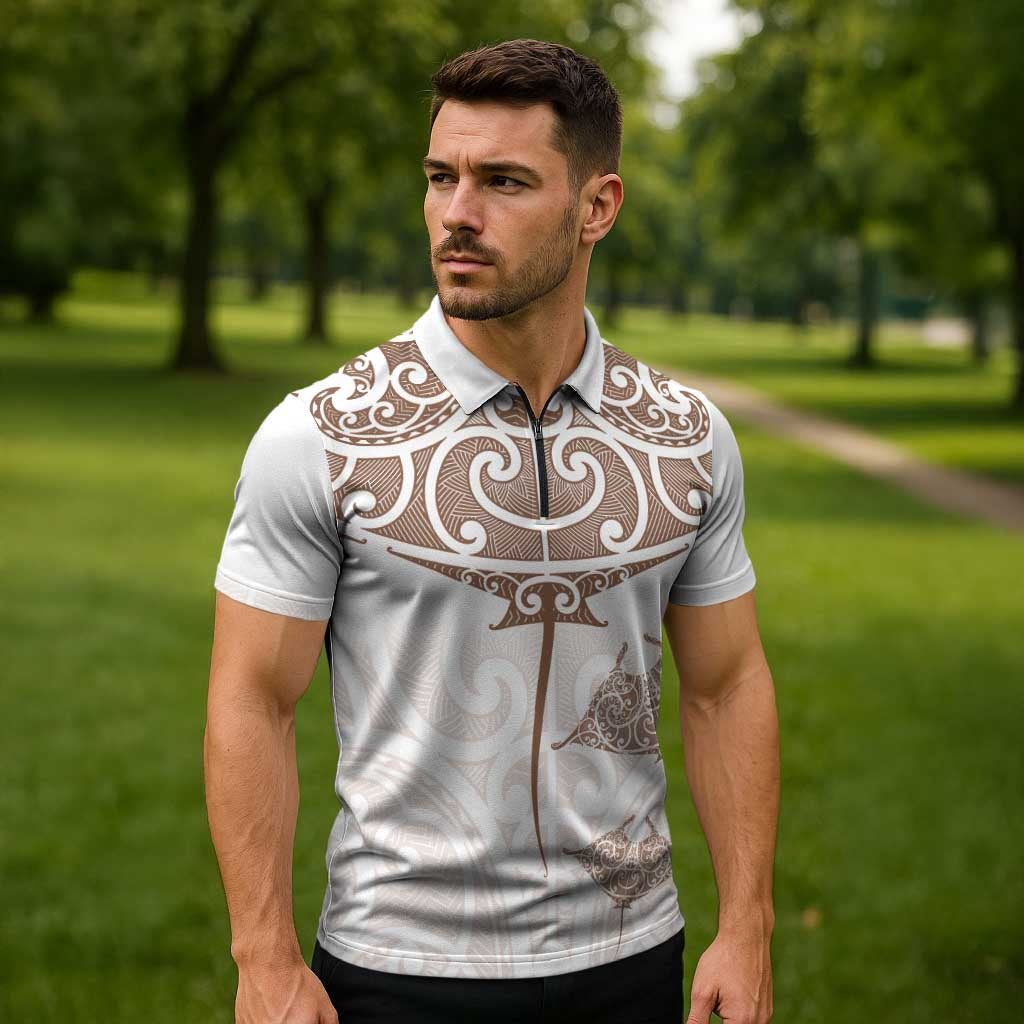 New Zealand Manta Ray Tattoo Zipper Polo Shirt Aotearoa Maori Haehae Beige - Vibe Hoodie