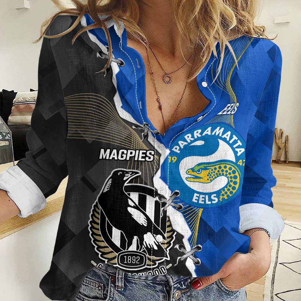 Custom Magpies Football And Eels Rugby Women Casual Shirt Dynamic Style - Vibe Hoodie Shop