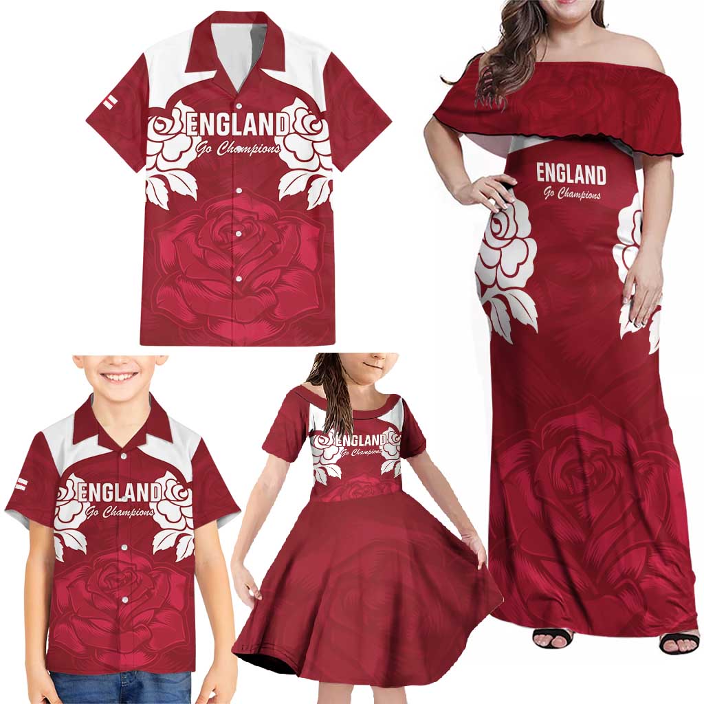 Custom England Rugby 2025 Family Matching Off Shoulder Maxi Dress and Hawaiian Shirt Go Champions Red Rose