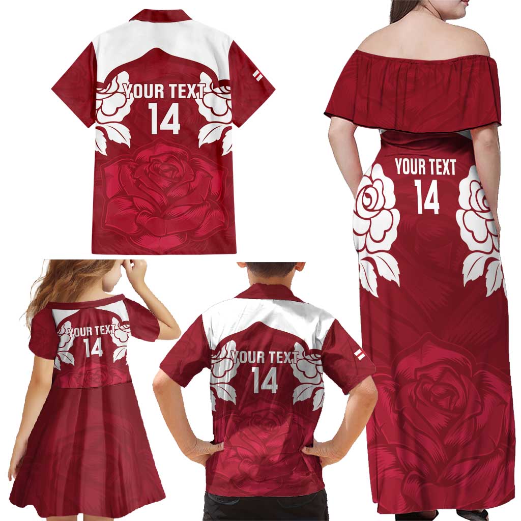 Custom England Rugby 2025 Family Matching Off Shoulder Maxi Dress and Hawaiian Shirt Go Champions Red Rose