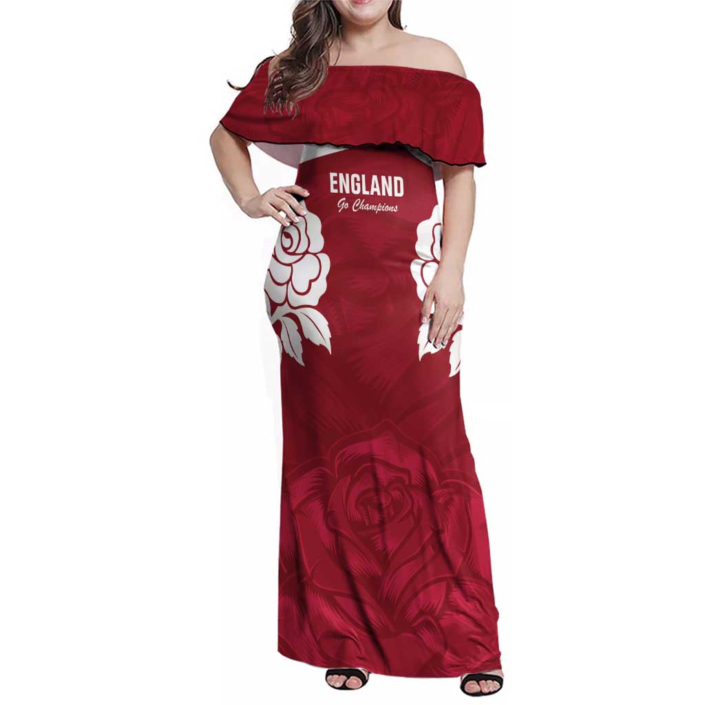 Custom England Rugby 2025 Family Matching Off Shoulder Maxi Dress and Hawaiian Shirt Go Champions Red Rose