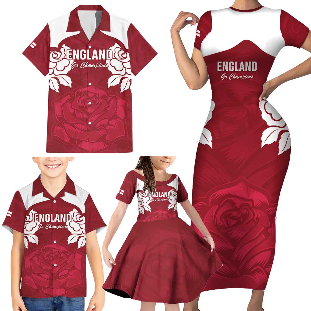 Custom England Rugby 2025 Family Matching Short Sleeve Bodycon Dress and Hawaiian Shirt Go Champions Red Rose