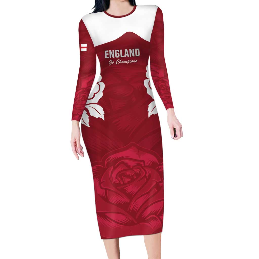 Custom England Rugby 2025 Long Sleeve Bodycon Dress Go Champions Red Rose