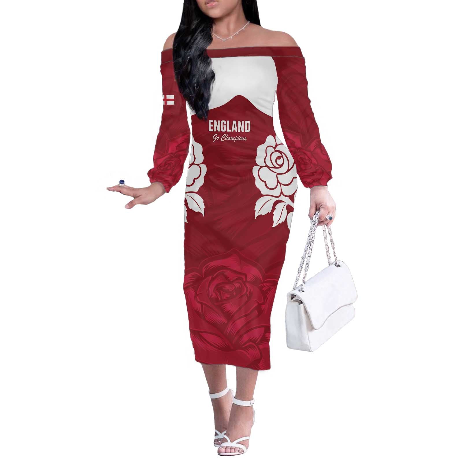 Custom England Rugby 2025 Off The Shoulder Long Sleeve Dress Go Champions Red Rose