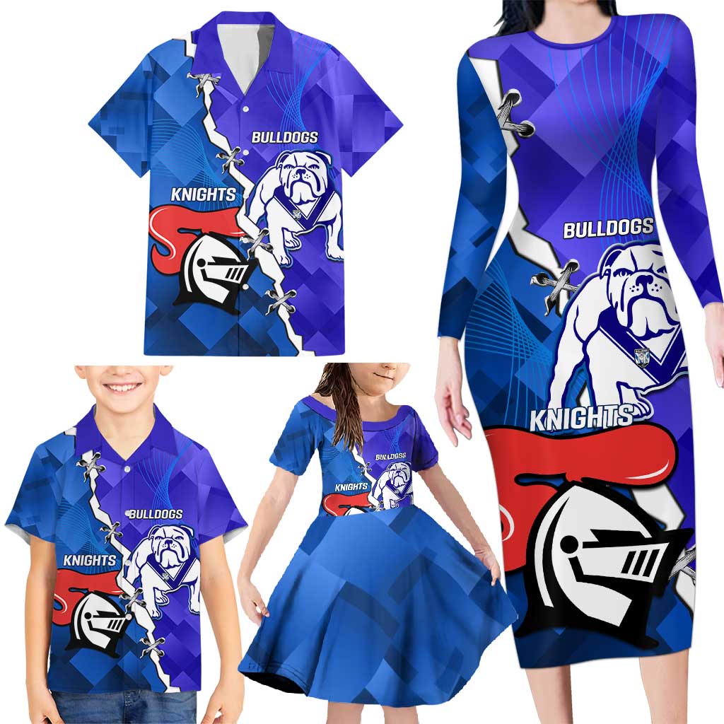 Custom Bulldogs And Knights Rugby 2025 Family Matching Long Sleeve Bodycon Dress and Hawaiian Shirt Dynamic Style