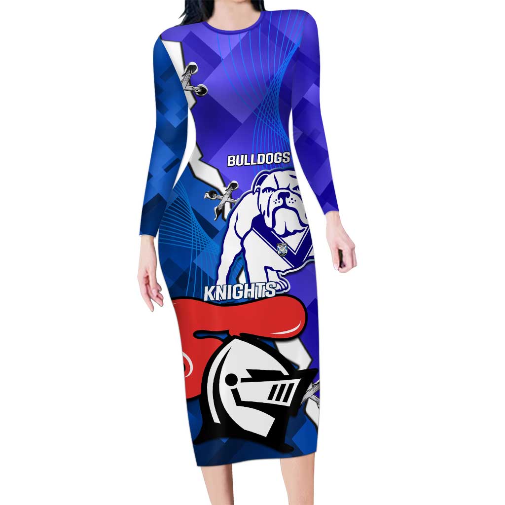 Custom Bulldogs And Knights Rugby 2025 Family Matching Long Sleeve Bodycon Dress and Hawaiian Shirt Dynamic Style