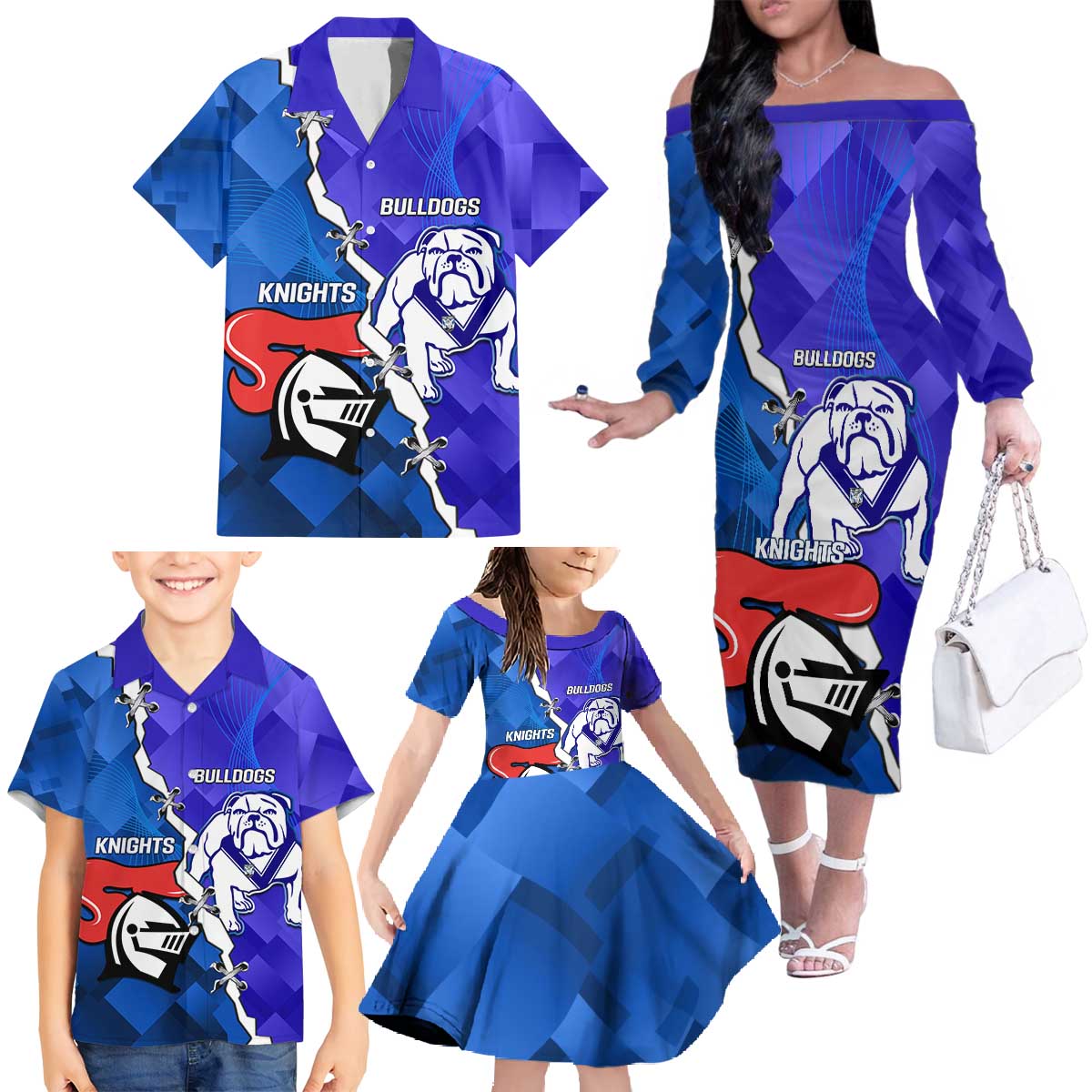 Custom Bulldogs And Knights Rugby 2025 Family Matching Off The Shoulder Long Sleeve Dress and Hawaiian Shirt Dynamic Style