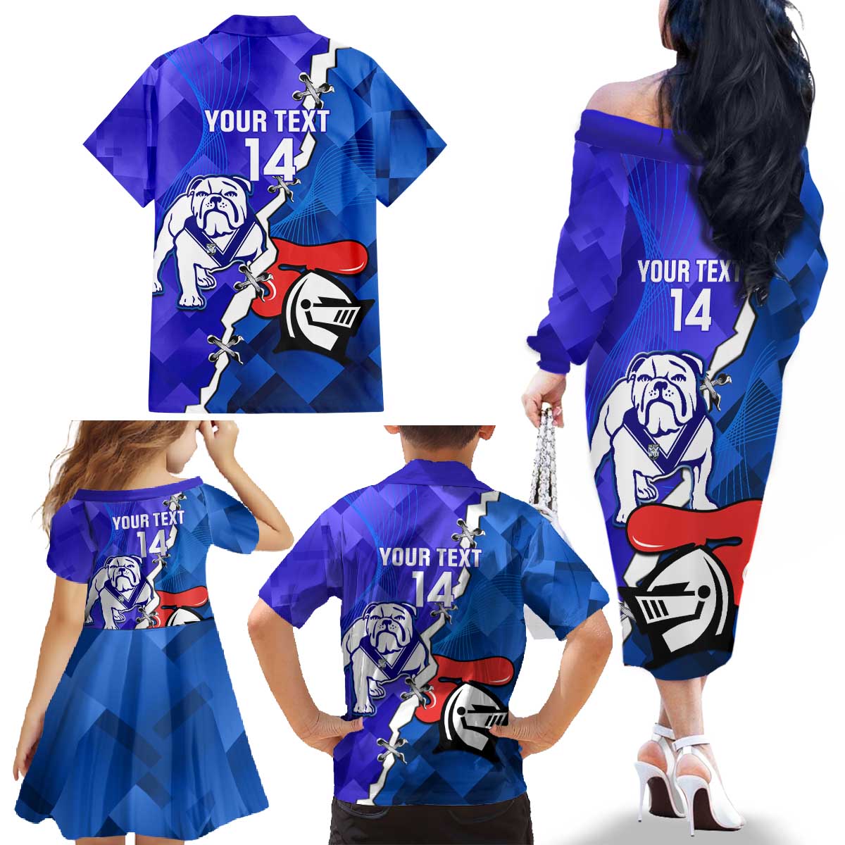 Custom Bulldogs And Knights Rugby 2025 Family Matching Off The Shoulder Long Sleeve Dress and Hawaiian Shirt Dynamic Style