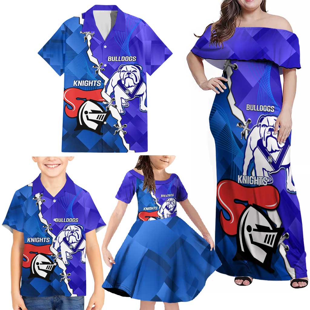 Custom Bulldogs And Knights Rugby 2025 Family Matching Off Shoulder Maxi Dress and Hawaiian Shirt Dynamic Style