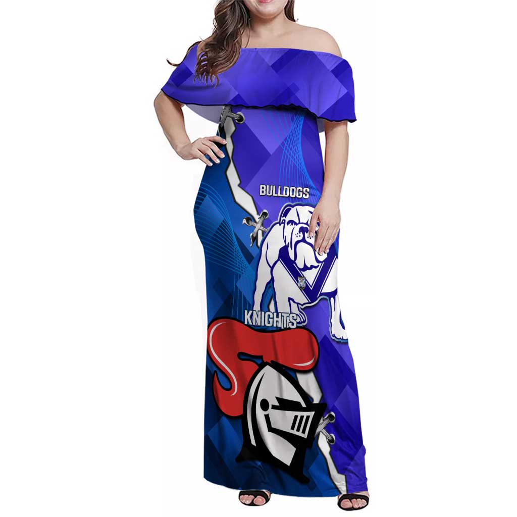 Custom Bulldogs And Knights Rugby 2025 Family Matching Off Shoulder Maxi Dress and Hawaiian Shirt Dynamic Style