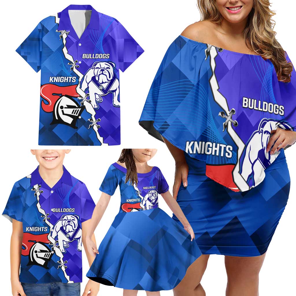 Custom Bulldogs And Knights Rugby 2025 Family Matching Off Shoulder Short Dress and Hawaiian Shirt Dynamic Style