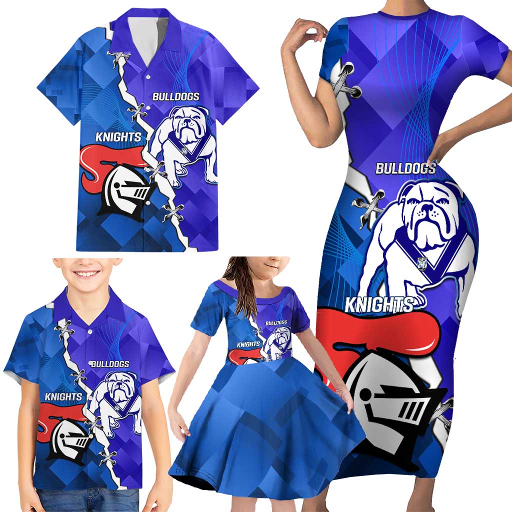 Custom Bulldogs And Knights Rugby 2025 Family Matching Short Sleeve Bodycon Dress and Hawaiian Shirt Dynamic Style