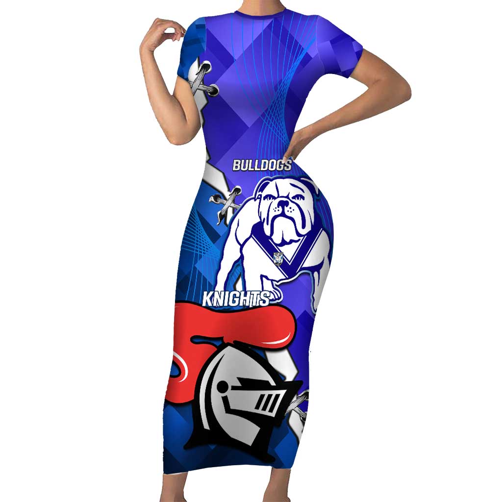 Custom Bulldogs And Knights Rugby 2025 Family Matching Short Sleeve Bodycon Dress and Hawaiian Shirt Dynamic Style