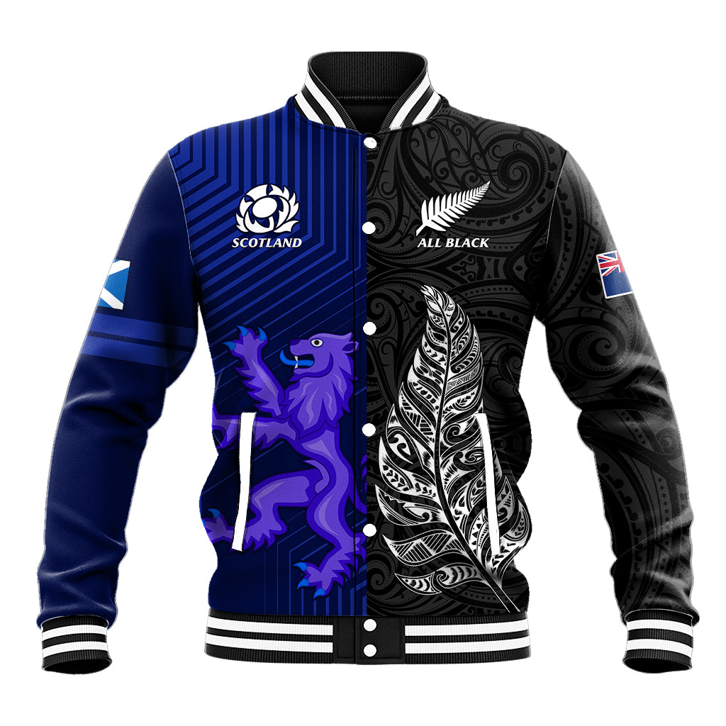 New Zealand and Scotland Rugby Baseball Jacket All Black Maori With Thistle Together - Vibe Hoodie Shop