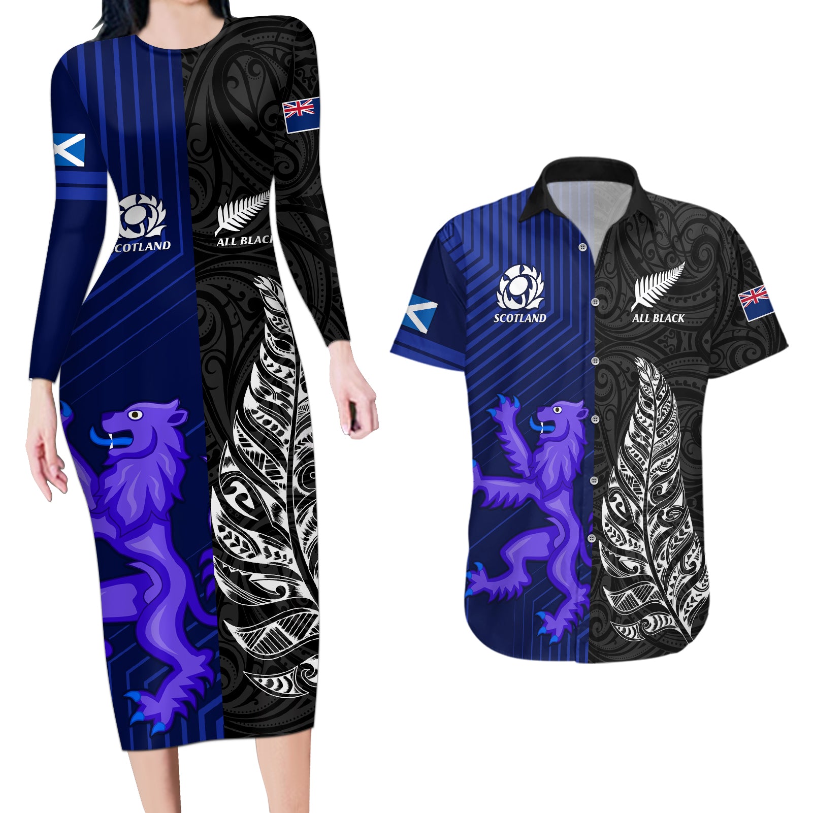 new-zealand-and-scotland-rugby-couples-matching-long-sleeve-bodycon-dress-and-hawaiian-shirt-all-black-maori-with-thistle-together