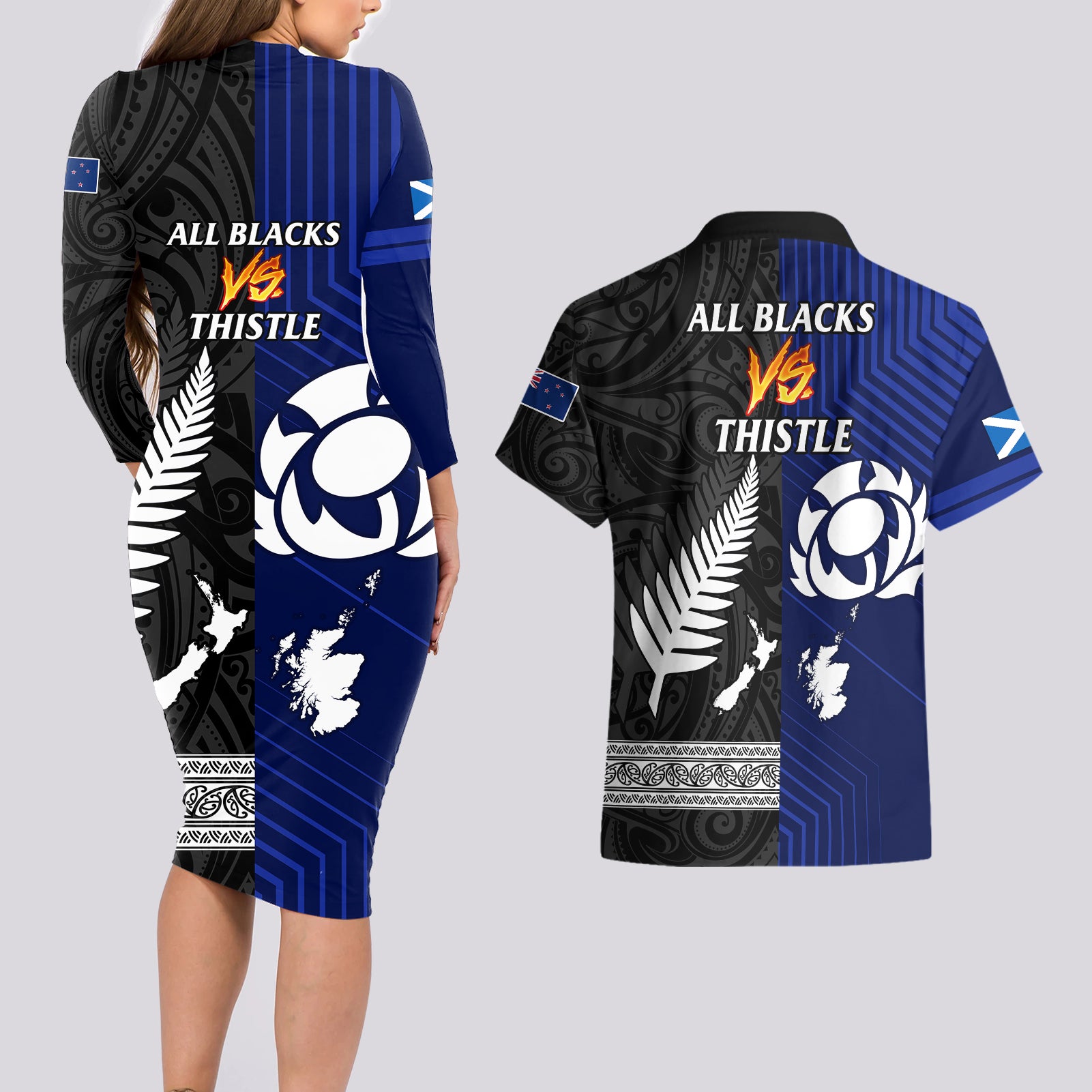 new-zealand-and-scotland-rugby-couples-matching-long-sleeve-bodycon-dress-and-hawaiian-shirt-all-black-maori-with-thistle-together