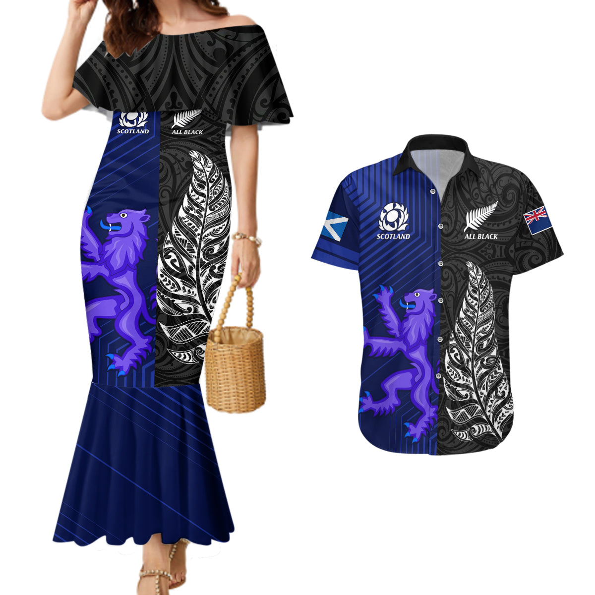new-zealand-and-scotland-rugby-couples-matching-mermaid-dress-and-hawaiian-shirt-all-black-maori-with-thistle-together