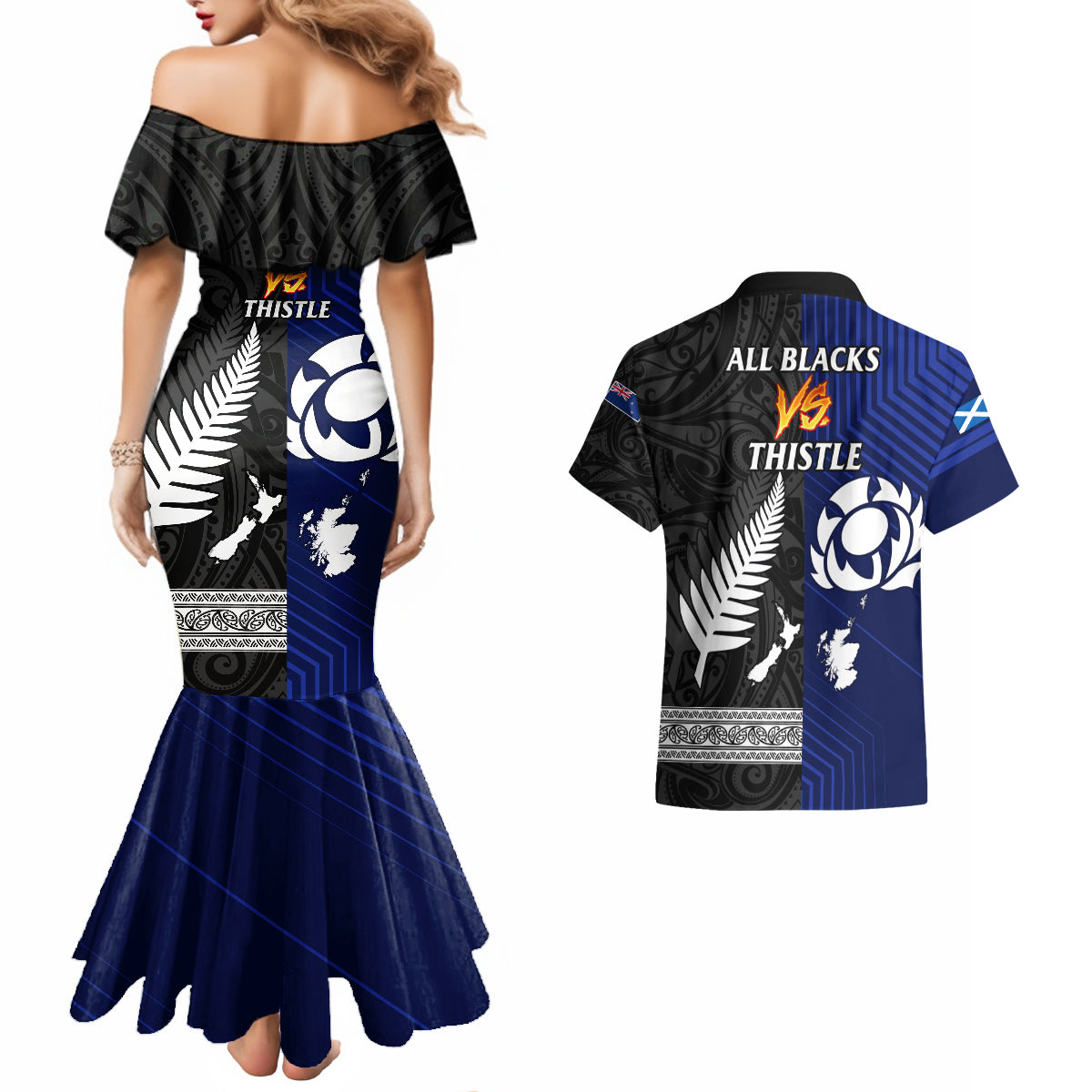 new-zealand-and-scotland-rugby-couples-matching-mermaid-dress-and-hawaiian-shirt-all-black-maori-with-thistle-together