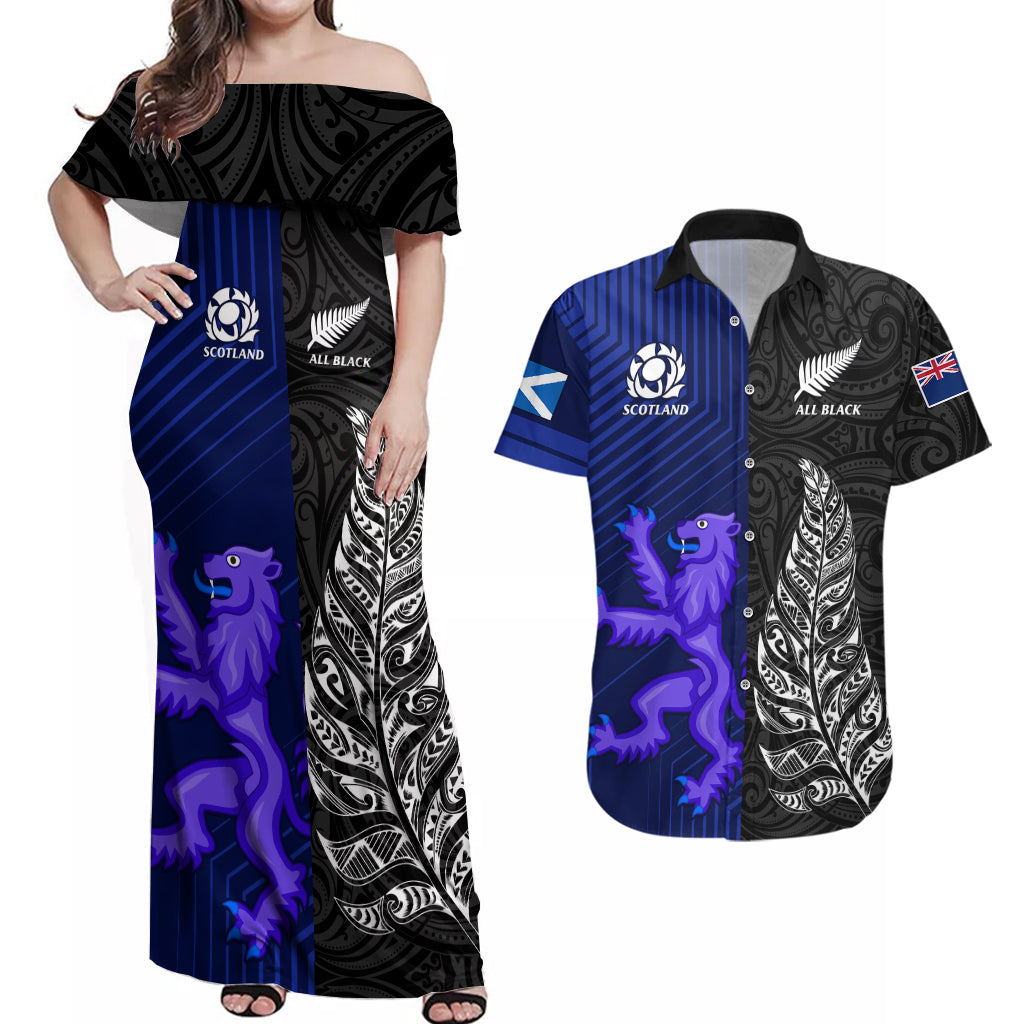 new-zealand-and-scotland-rugby-couples-matching-off-shoulder-maxi-dress-and-hawaiian-shirt-all-black-maori-with-thistle-together