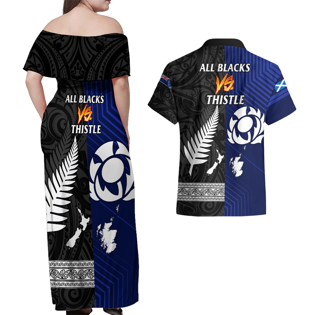 new-zealand-and-scotland-rugby-couples-matching-off-shoulder-maxi-dress-and-hawaiian-shirt-all-black-maori-with-thistle-together