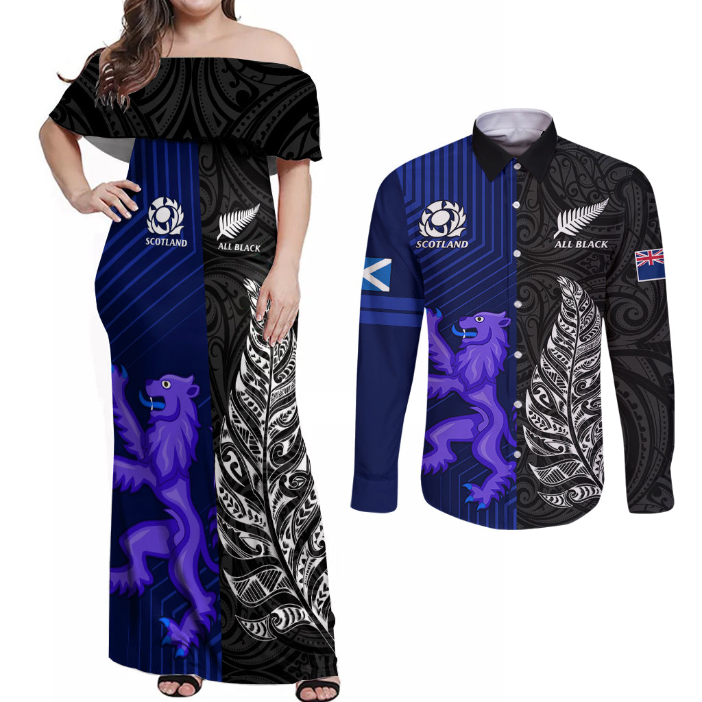 new-zealand-and-scotland-rugby-couples-matching-off-shoulder-maxi-dress-and-long-sleeve-button-shirts-all-black-maori-with-thistle-together
