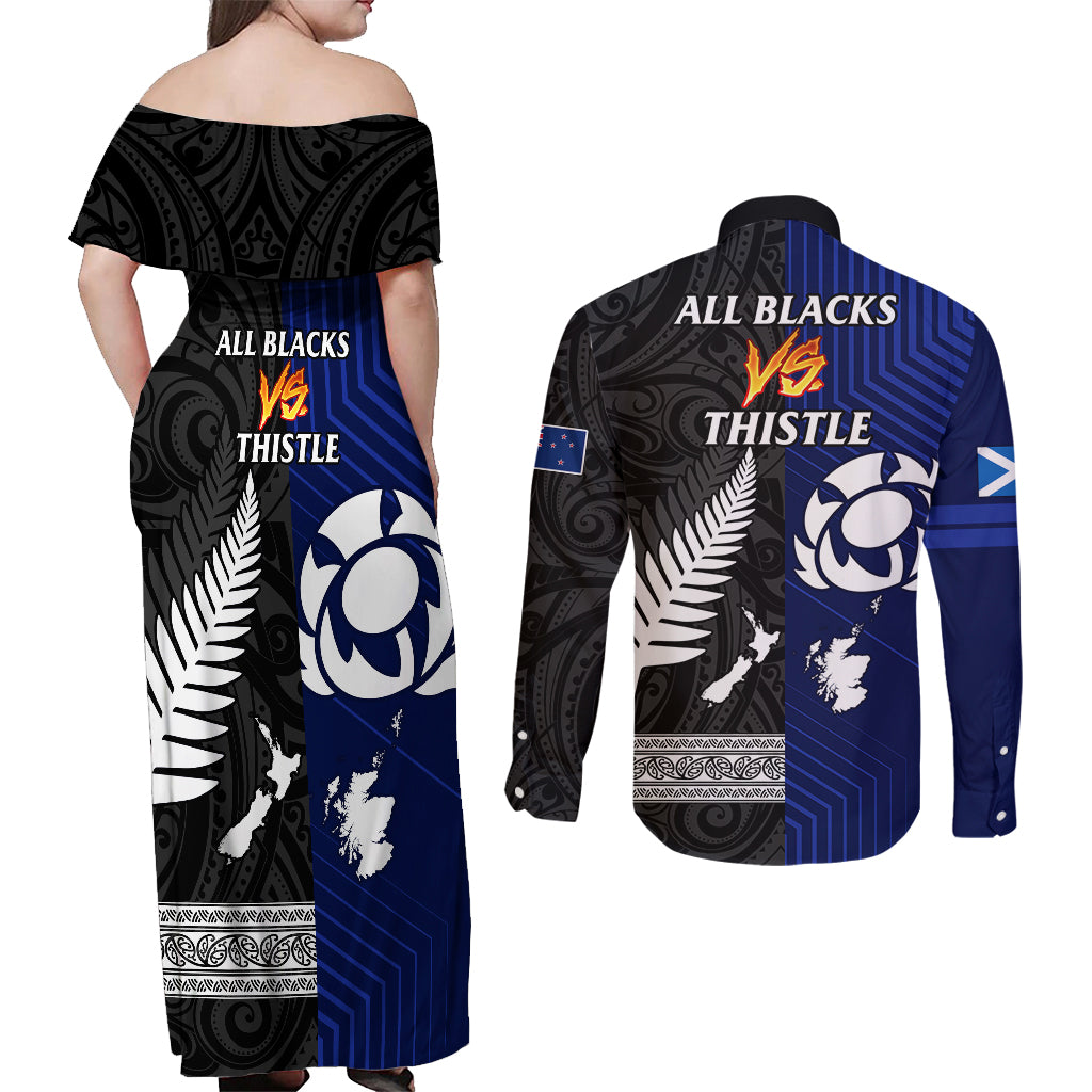 new-zealand-and-scotland-rugby-couples-matching-off-shoulder-maxi-dress-and-long-sleeve-button-shirts-all-black-maori-with-thistle-together