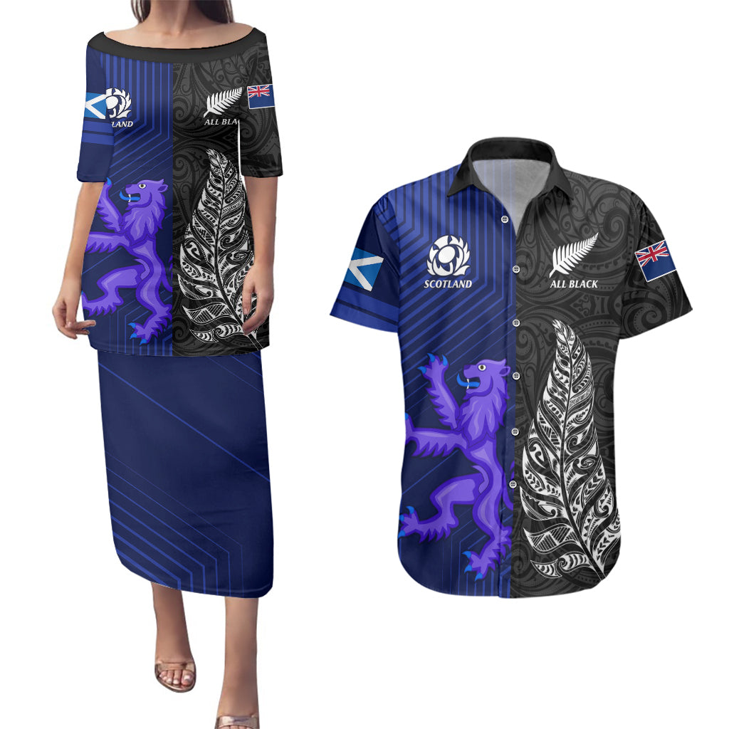 new-zealand-and-scotland-rugby-couples-matching-puletasi-dress-and-hawaiian-shirt-all-black-maori-with-thistle-together