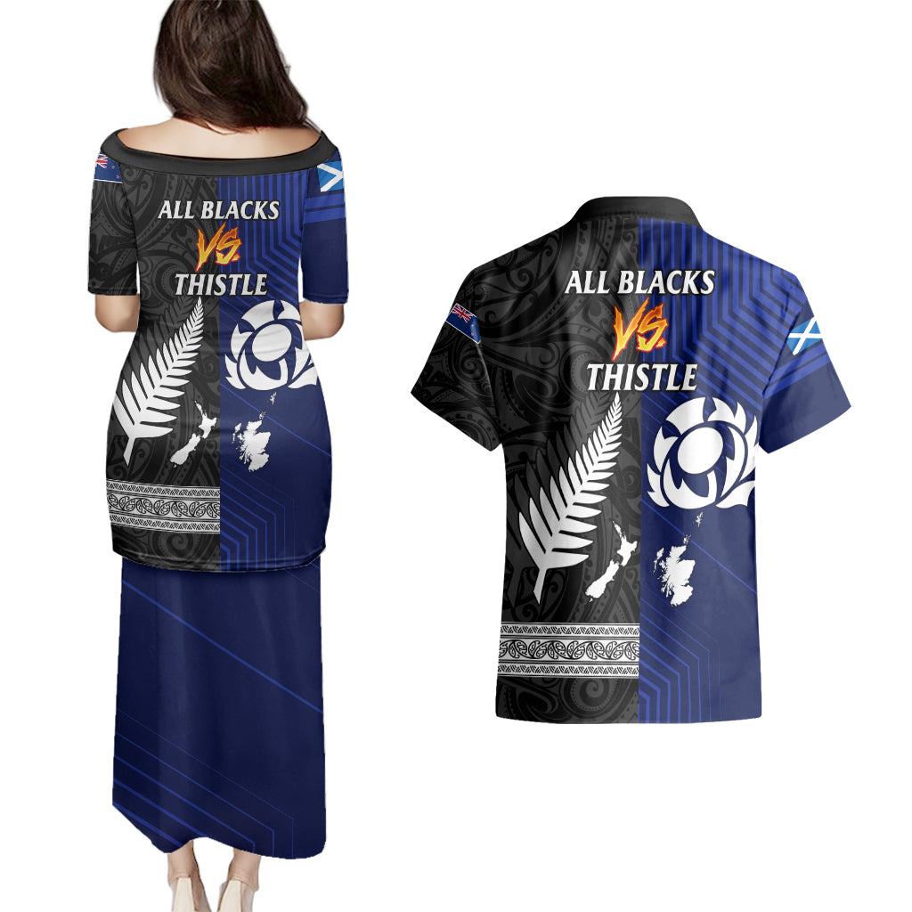 new-zealand-and-scotland-rugby-couples-matching-puletasi-dress-and-hawaiian-shirt-all-black-maori-with-thistle-together