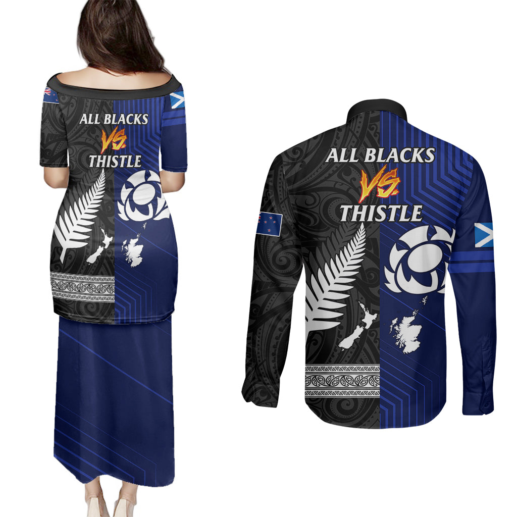 new-zealand-and-scotland-rugby-couples-matching-puletasi-dress-and-long-sleeve-button-shirts-all-black-maori-with-thistle-together