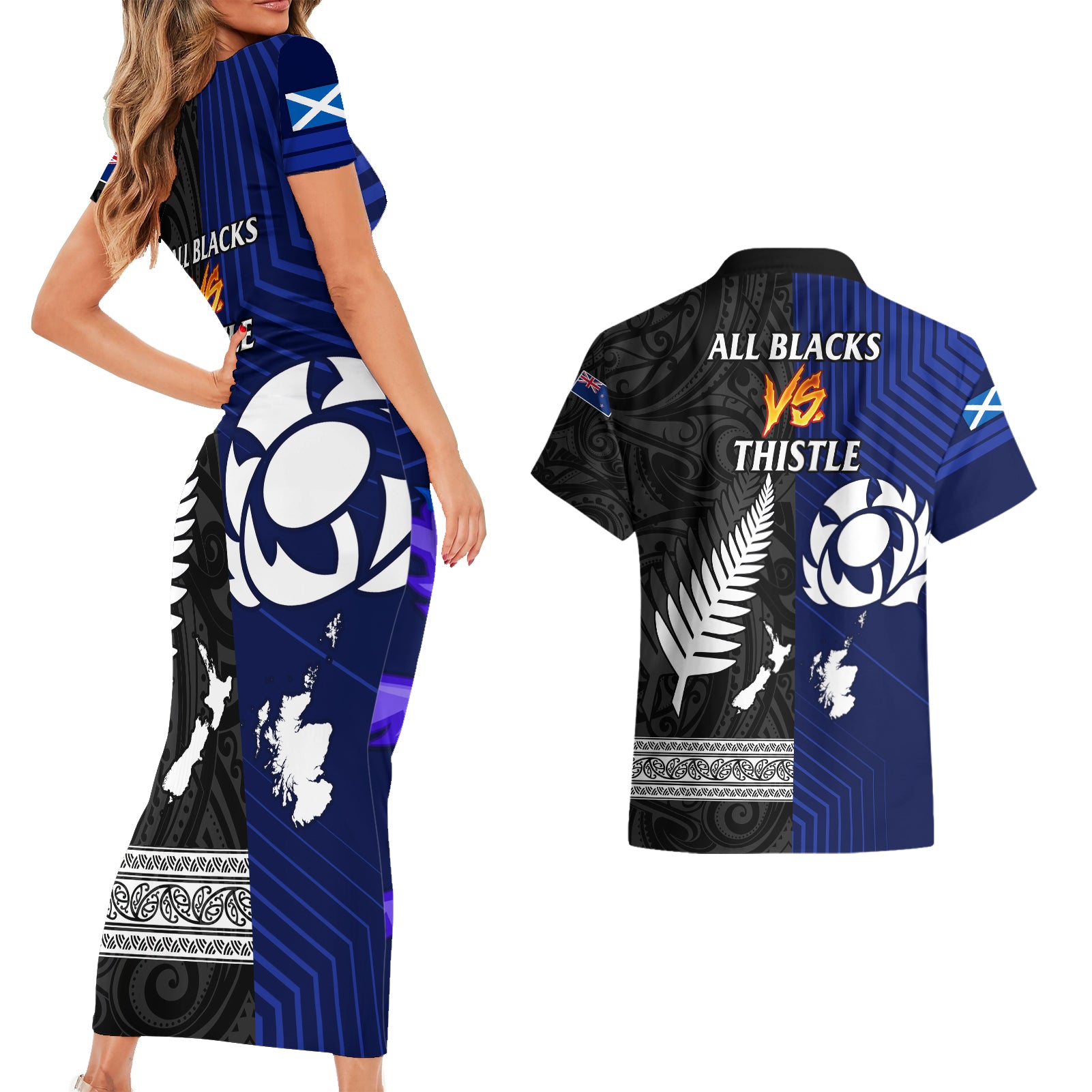 new-zealand-and-scotland-rugby-couples-matching-short-sleeve-bodycon-dress-and-hawaiian-shirt-all-black-maori-with-thistle-together