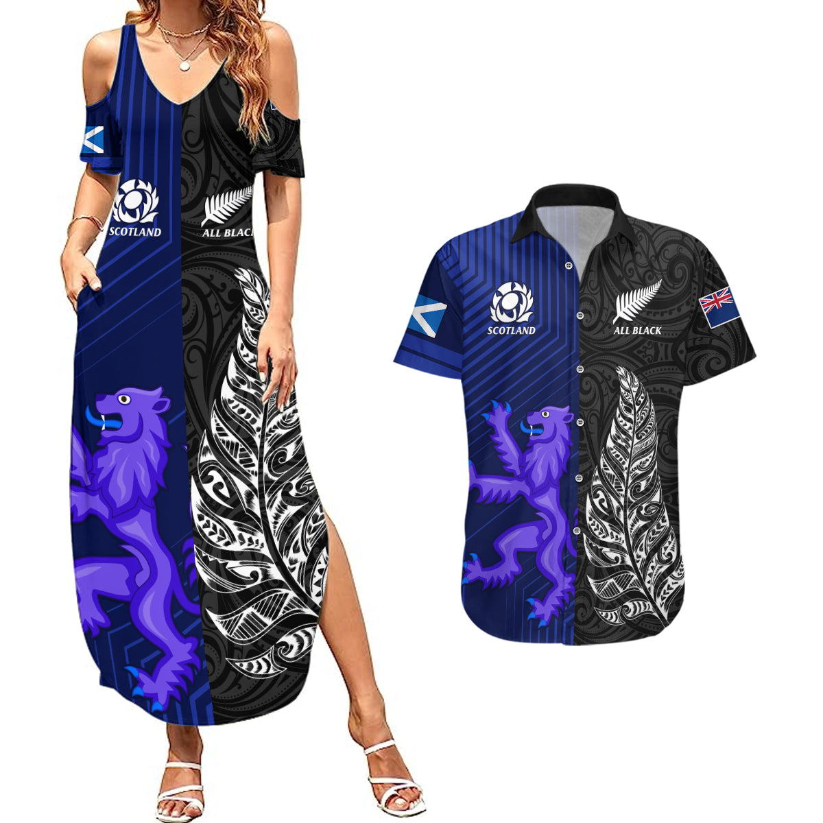 new-zealand-and-scotland-rugby-couples-matching-summer-maxi-dress-and-hawaiian-shirt-all-black-maori-with-thistle-together