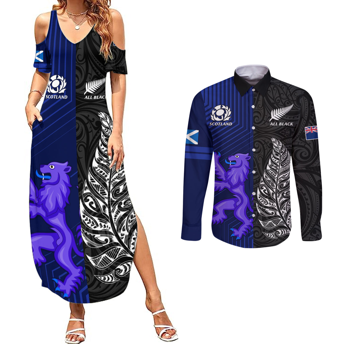 new-zealand-and-scotland-rugby-couples-matching-summer-maxi-dress-and-long-sleeve-button-shirts-all-black-maori-with-thistle-together