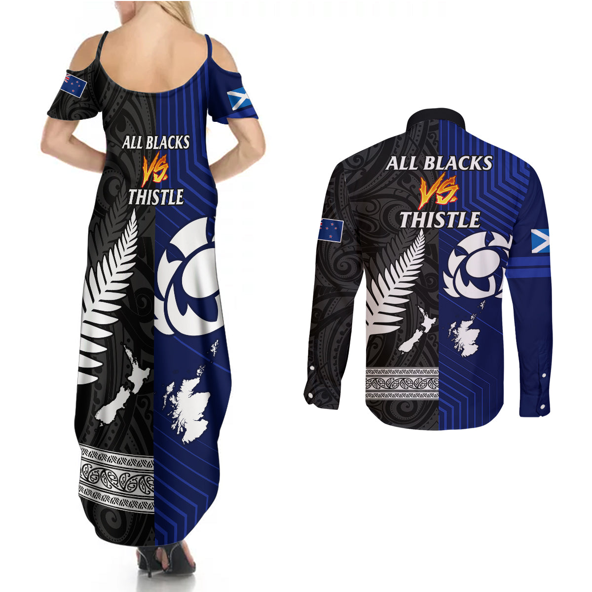 new-zealand-and-scotland-rugby-couples-matching-summer-maxi-dress-and-long-sleeve-button-shirts-all-black-maori-with-thistle-together