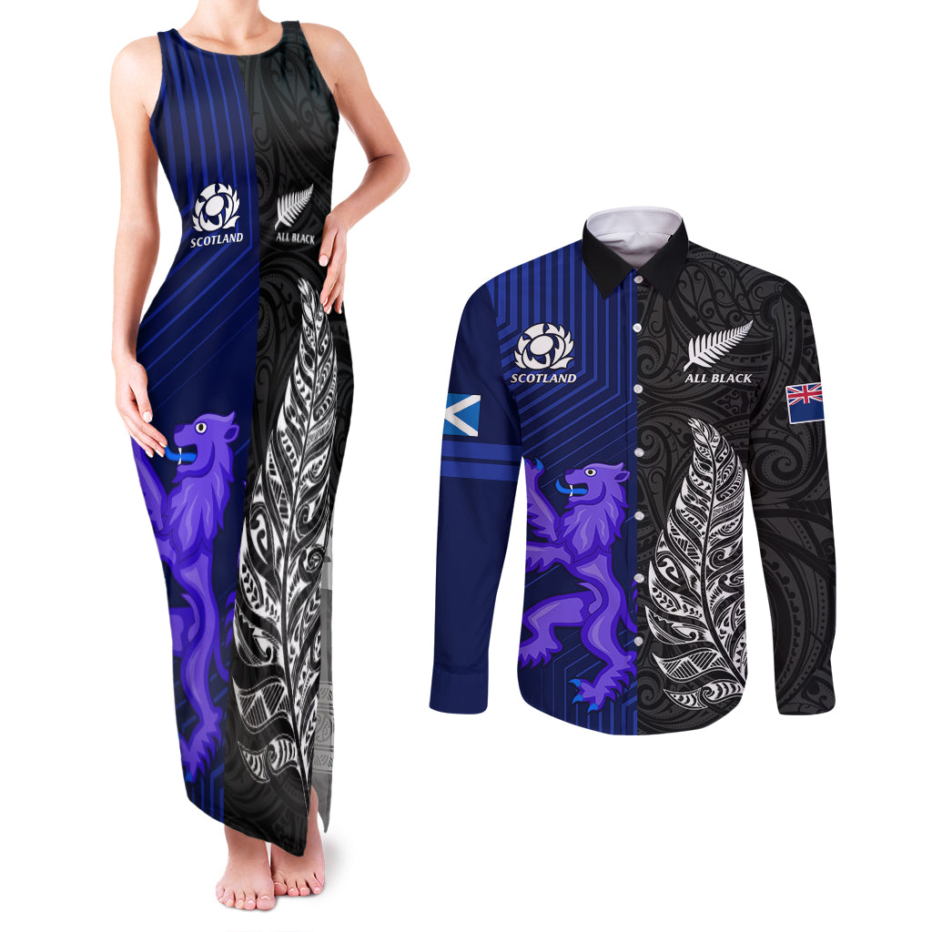 new-zealand-and-scotland-rugby-couples-matching-tank-maxi-dress-and-long-sleeve-button-shirts-all-black-maori-with-thistle-together
