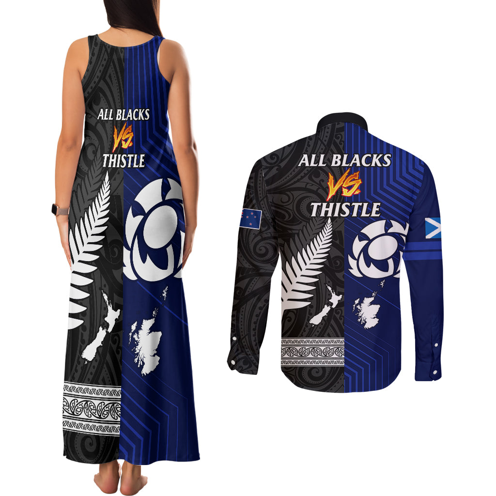 new-zealand-and-scotland-rugby-couples-matching-tank-maxi-dress-and-long-sleeve-button-shirts-all-black-maori-with-thistle-together