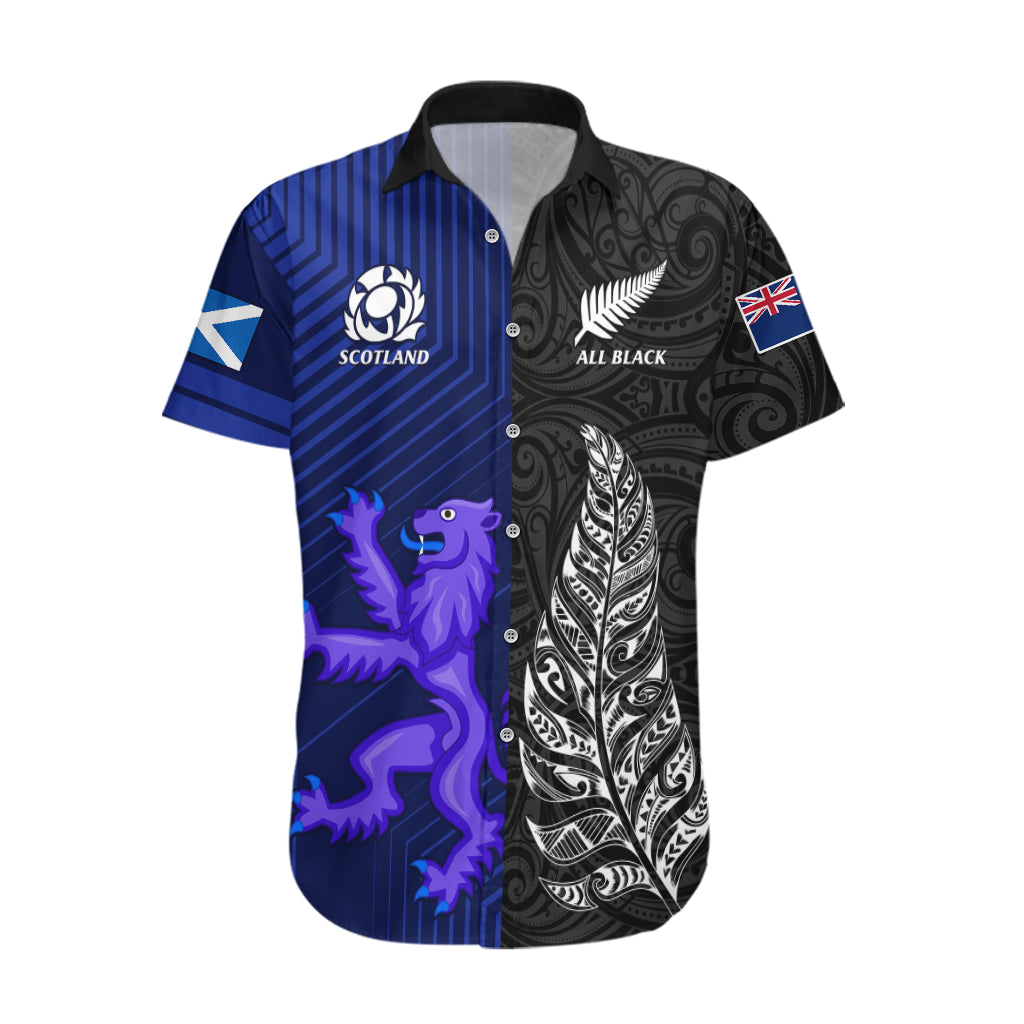 New Zealand and Scotland Rugby Hawaiian Shirt All Black Maori With Thistle Together - Vibe Hoodie Shop