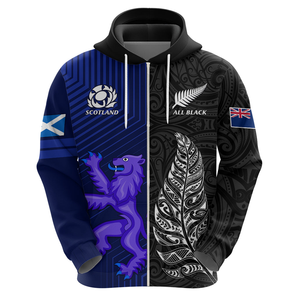 New Zealand and Scotland Rugby Hoodie All Black Maori With Thistle Together - Vibe Hoodie Shop