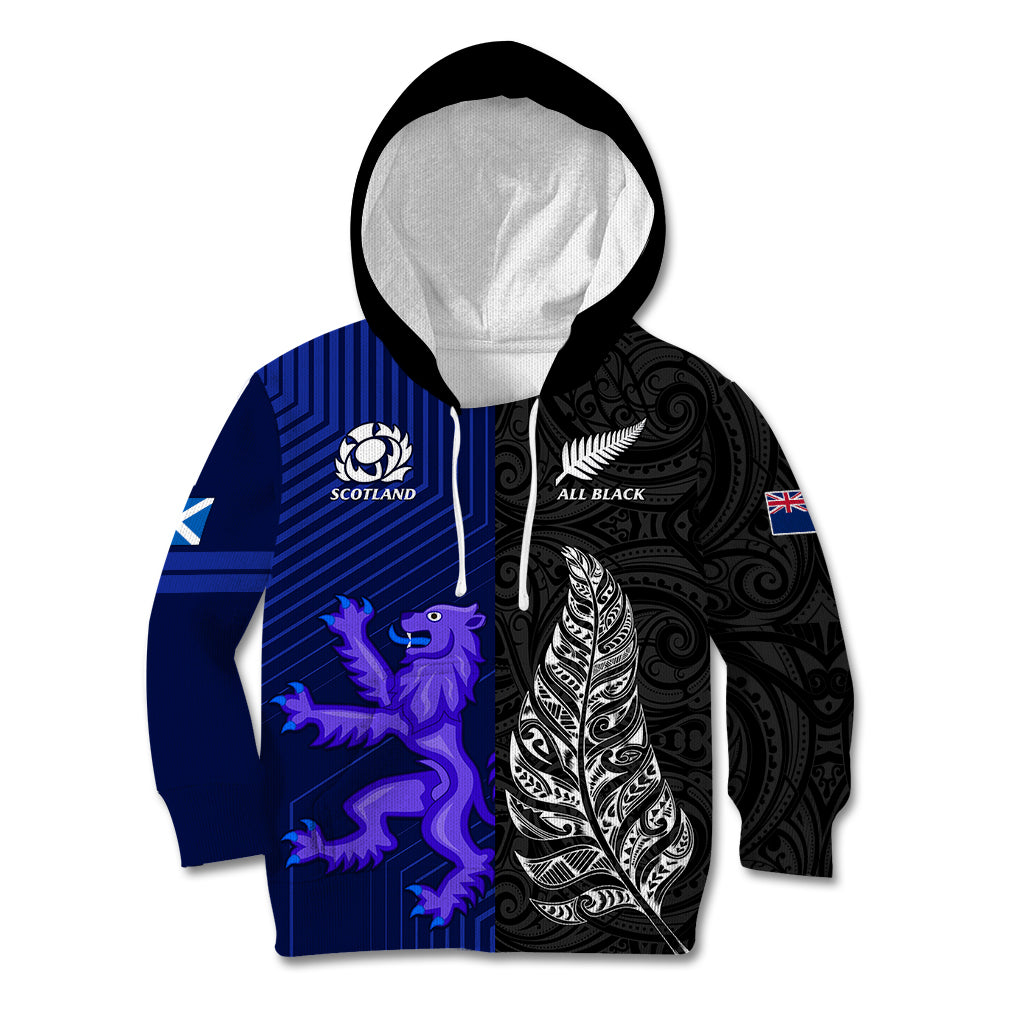 New Zealand and Scotland Rugby Kid Hoodie All Black Maori With Thistle Together - Vibe Hoodie Shop