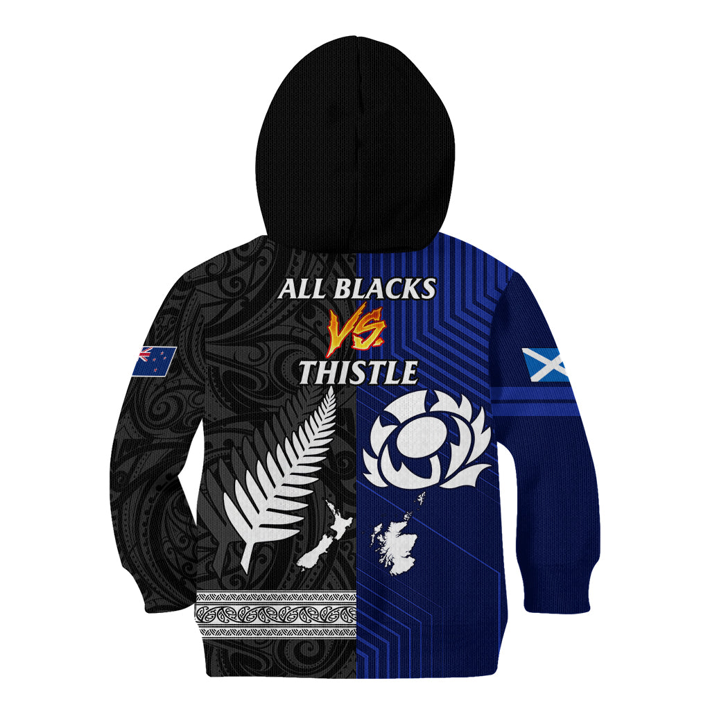 New Zealand and Scotland Rugby Kid Hoodie All Black Maori With Thistle Together - Vibe Hoodie Shop